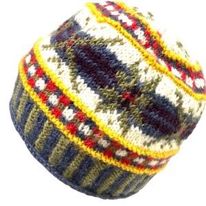Fleece lined knit beanie cap hat 100% wool made in Nepal multi color unisex
